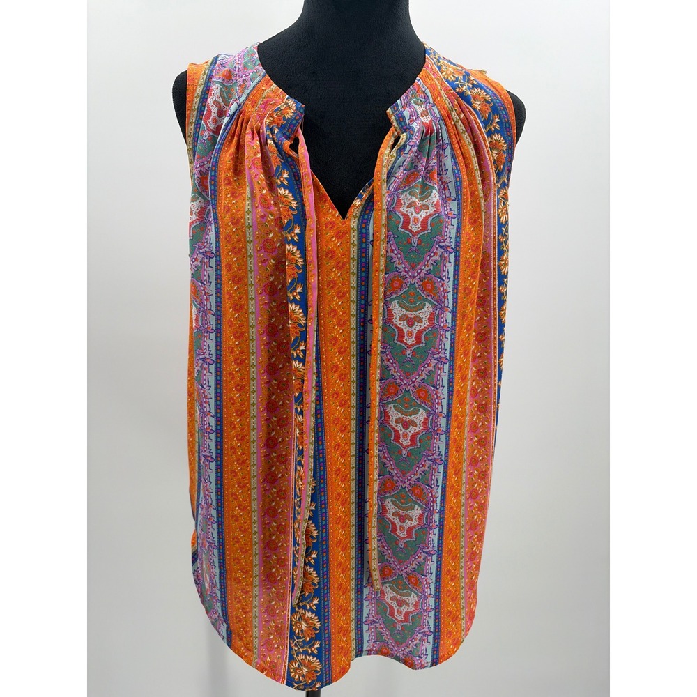 Cynthia Rowley Womens Boho Paisley Floral Sleeveless Tie Neck Blouse Orange Med